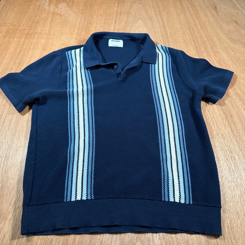 Old Navy Knit Polo Shirt Mens Large Blue Striped Short Sleeve Textured Retro